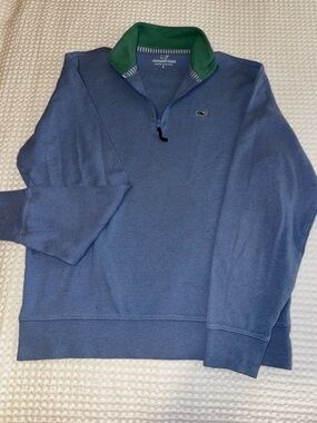 Vineyard Vines Men's Blue Quarter-Zip Sweater with Green Inner Collar